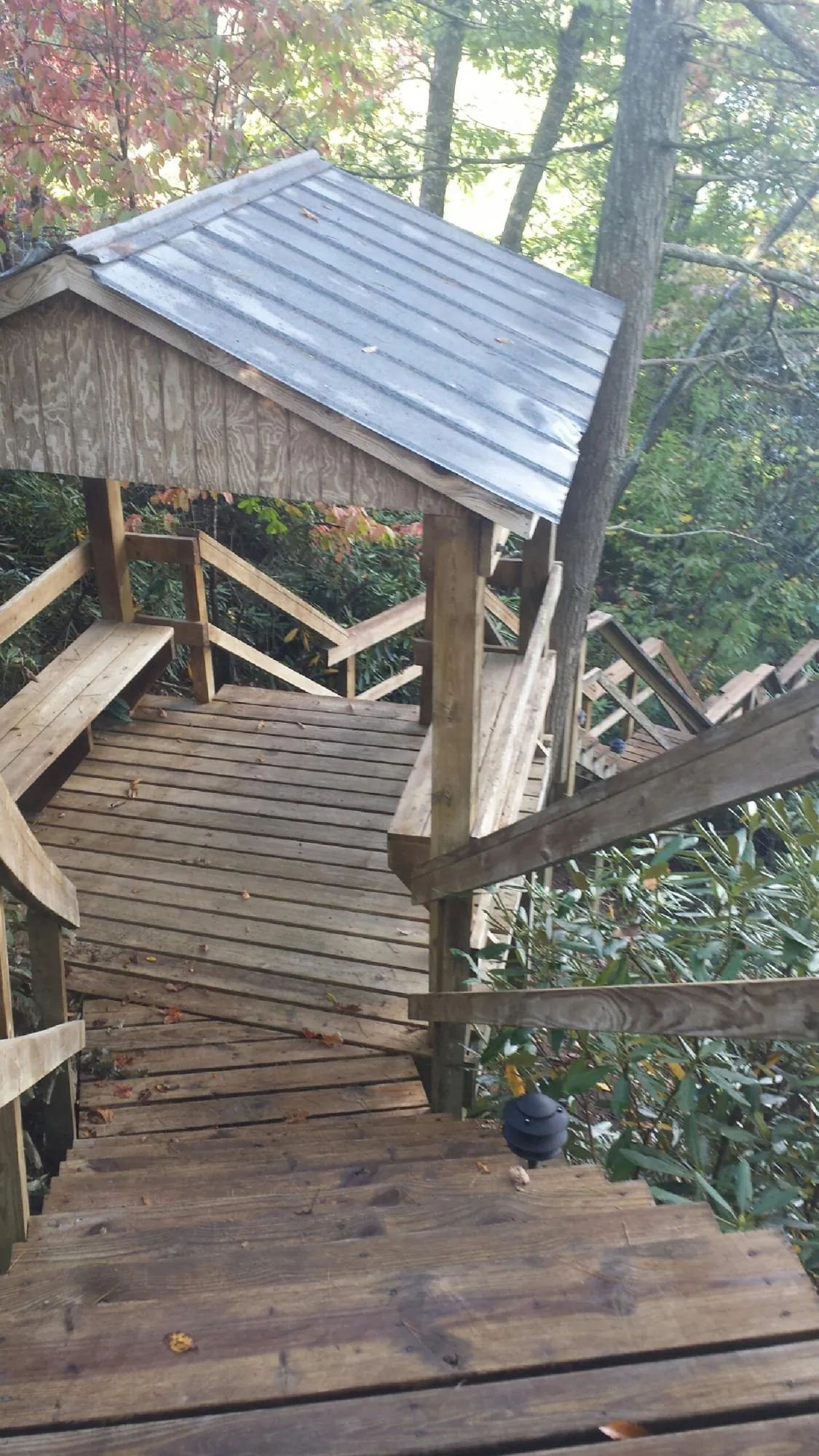 Metal roofed shelter over wooden steps on a wooded walkway — Skylight Repair & Installation work by our crew in New Athens